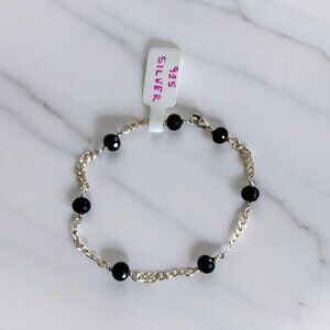 Black Stone Beads Chain-link 925 Sterling Silver Bracelet